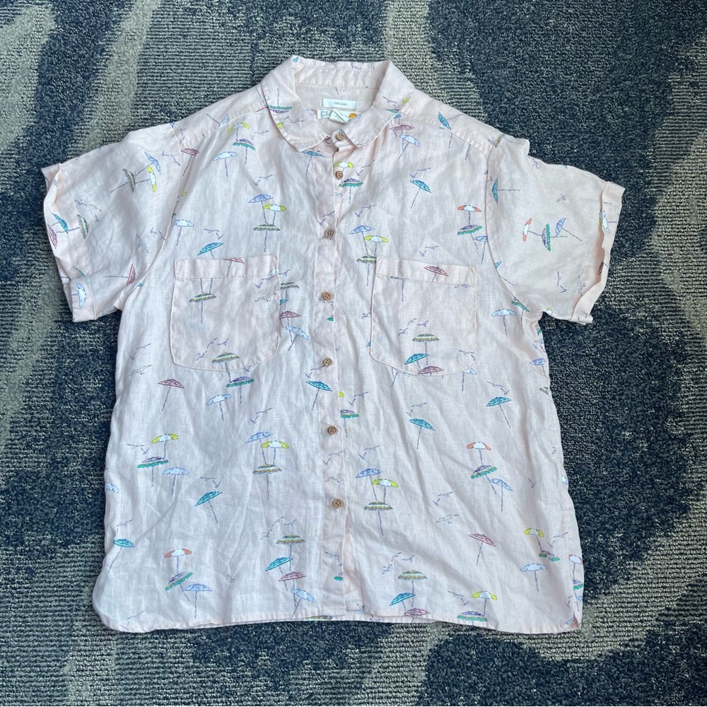 C&C California Pink Umbrella Patterned Shirt 100%‎ Linen Size Medium - Picture 3 of 8